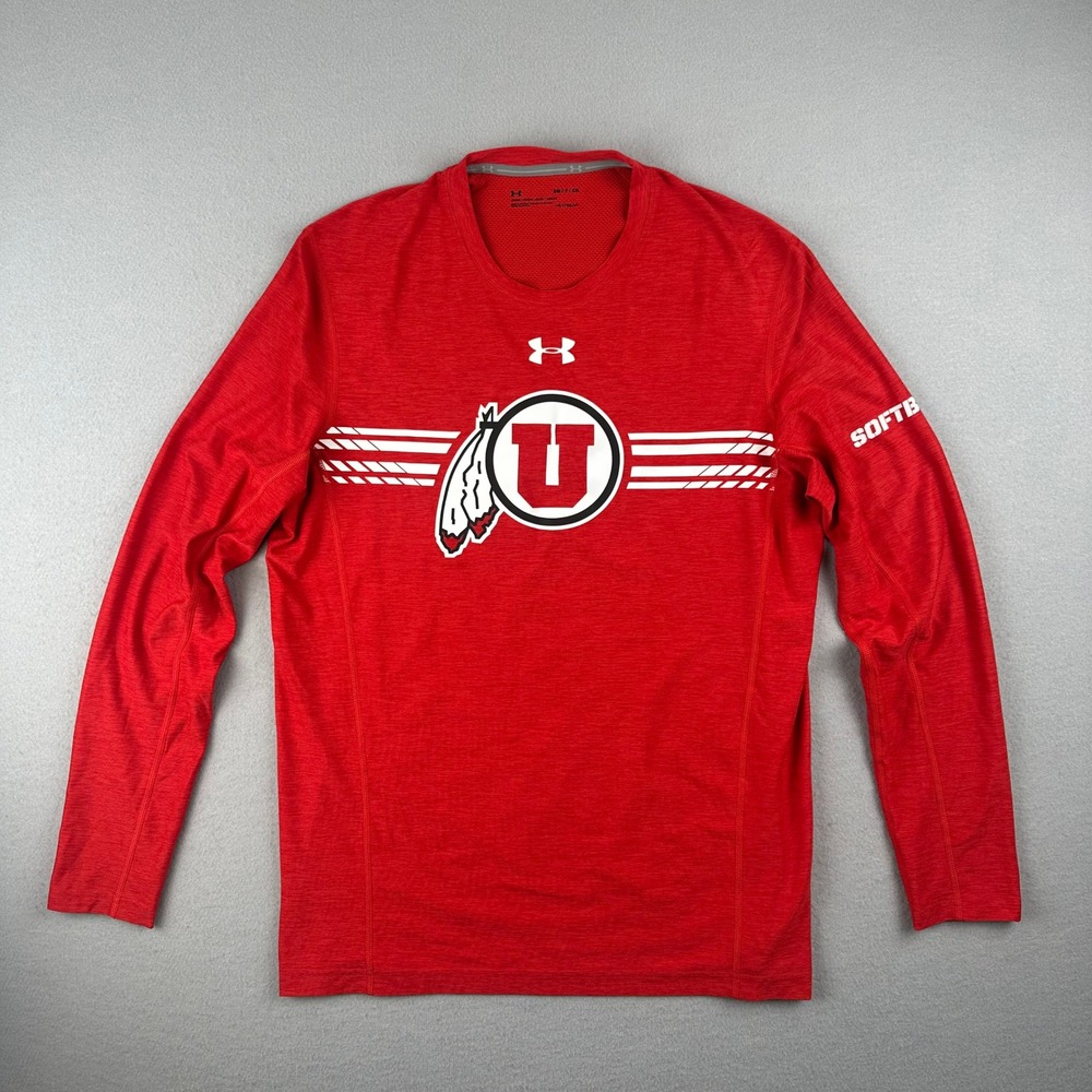 Under Armour Utah Utes Softball Shirt Women SM Red HeatGear Long Sleeve Loose